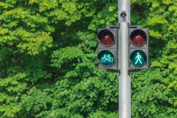 Yeşil küçük adam ve bisikletçi ile trafik ışığı. Yollarda güvenlik. Hayat sigortası.