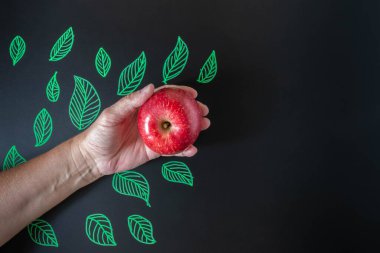 Tahtada kırmızı elma ve yeşil yapraklar var. Eldeki elma siyah arka planda ve yaprakların resmi var. Öğretmenler günün kutlu olsun. Sağlık ve okul konsepti. Boşluğu kopyala
