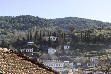 küçük bir köy görünümü ve yeşil dağlar
