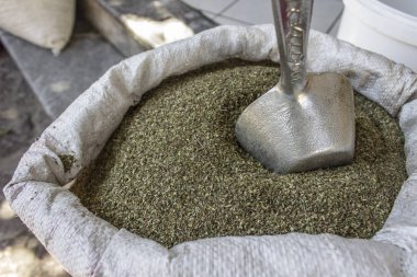 Yakın çekim ayrıntı bardak kuru öğütülmüş thymes Yunanistan, Lesvos Adası satış için büyük beyaz çuval üzerinde