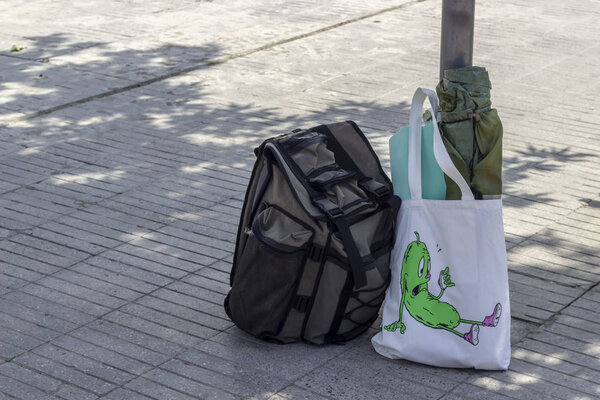 Perspective shot of travel back-packat railway station in Turkey