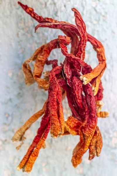 Clean Shoot Dry Red Peppers Hanged Ropes Traditional Way Turkey — Stock Photo, Image