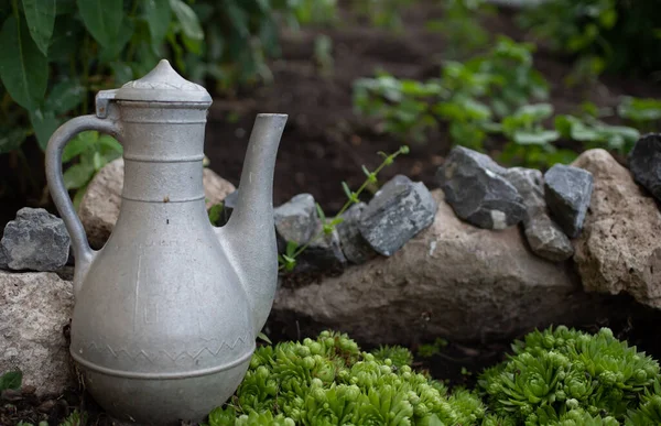 Sürahi bahçedeki taşlar ve sularla çevrili..