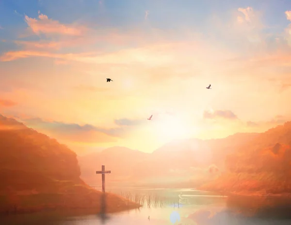 Uppståndelsen Påsk Söndag Koncept Silhouette Cross Ängen Sunrise Bakgrund — Stockfoto