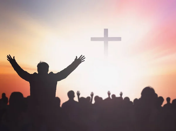 Silhouette Christian Prayers Raising Hand While Praying Jesus — Stock Photo, Image