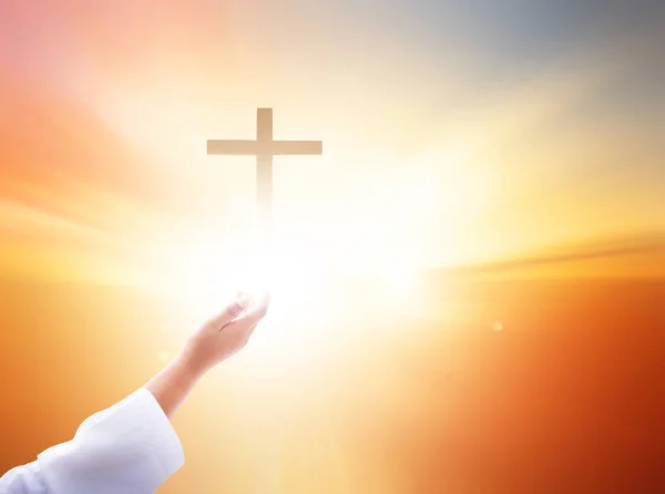 Silhouette Christlicher Gebete Die Die Hand Erheben Während Sie Jesus — Stockfoto