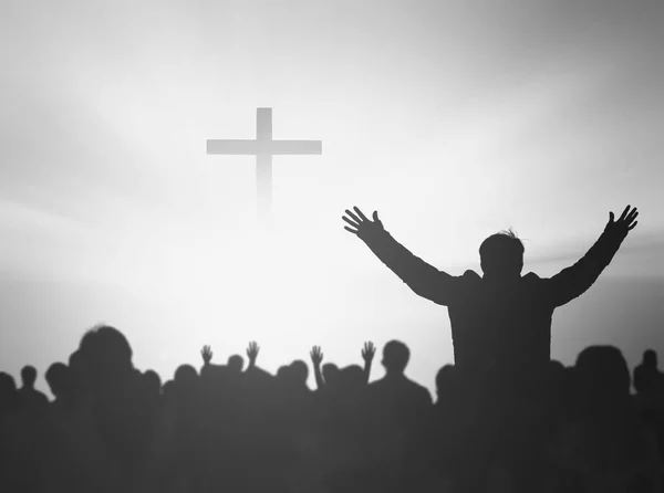 Silhouette Christian Prayers Raising Hand While Praying Jesus — Stock Photo, Image