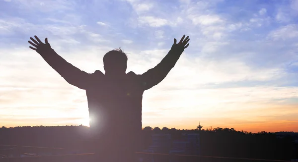 Emotional Wellness Concept Silhouette Man Raised Hands Sunset Meadow Background — Stock Photo, Image