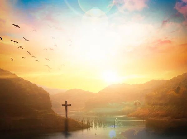 Easter Concept Silhouette Cross Calvary Mountain Sunset Background — Stock Photo, Image