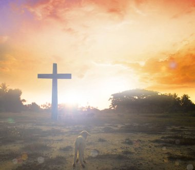 Paskalya kavramı: siluet Calvary dağ günbatımı arka plan üzerinde çapraz. 