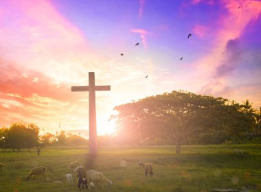 İsa Mesih insafına çapraz dağ günbatımı arka planda o inanç Tanrı'nın oğlu ibadet