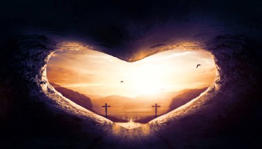 Jesus Christ Birth Death Resurrection Concept:Tomb Empty With Crucifixion At Sunrise clipart