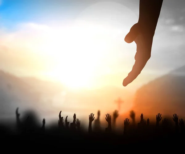 Praise Worship Concept Silhouette Christian Prayers Raising Hand While Praying — Stock Photo, Image