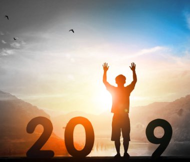 Mutlu yeni yıl kavramı: 2019 işareti ile yol kenarında billboard