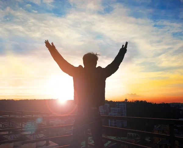 International Day Peace Silhouette Man Raised Hands Sunset Background — Stock Photo, Image