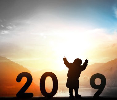 Mutlu yeni yıl kavramı: yalnız kadın ve metin için 2019 gündoğumu arka plan üzerinde