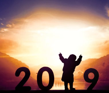 Mutlu yeni yıl kavramı: yalnız kadın ve metin için 2019 gündoğumu arka plan üzerinde