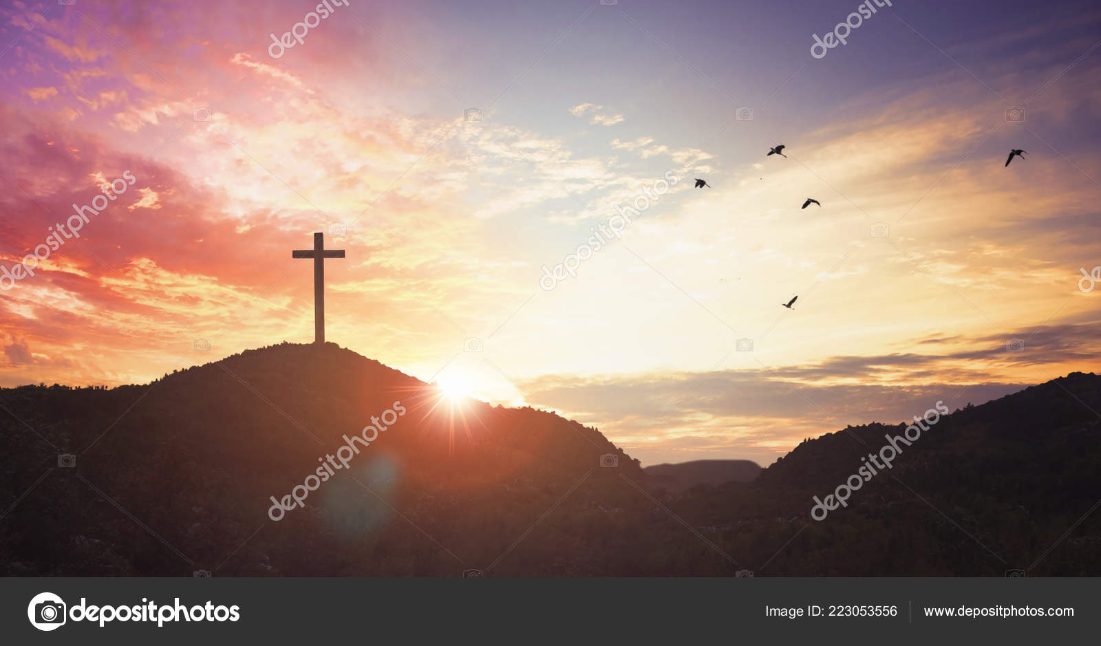 Christmas Concept Crucifixion Jesus Christ Cross Sunset Stock ...