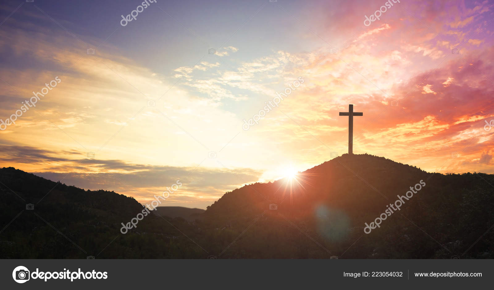 Christmas Concept Crucifixion Jesus Christ Cross Sunset Stock ...