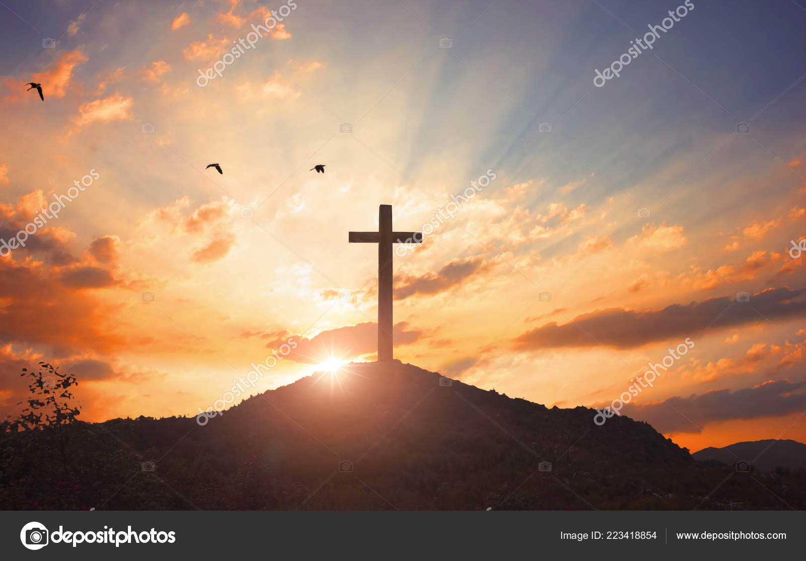 Christmas Concept Crucifixion Jesus Christ Cross Sunset Stock ...