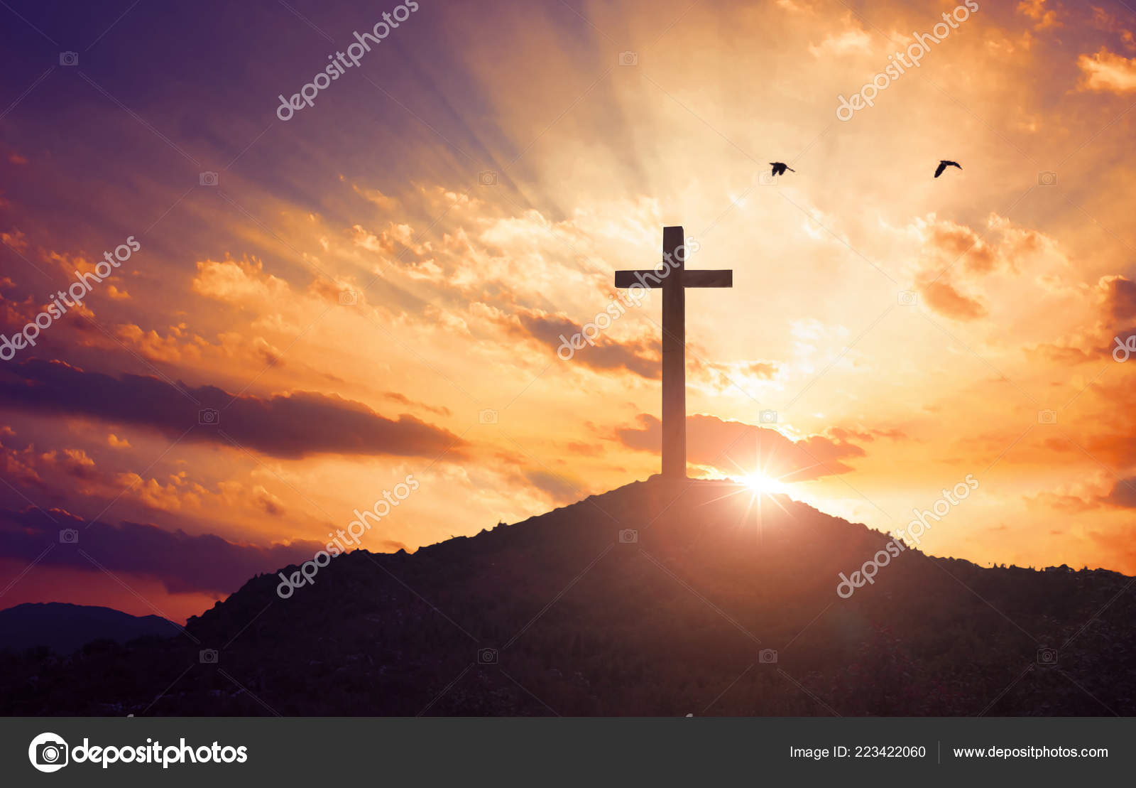 Christmas Concept Crucifixion Jesus Christ Cross Sunset Stock ...