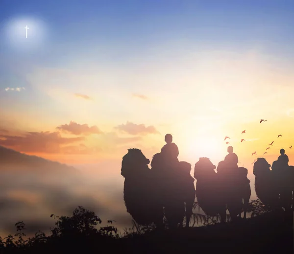 Julafton Konceptet Tre Läkare Rida Kameler Till Betlehem — Stockfoto