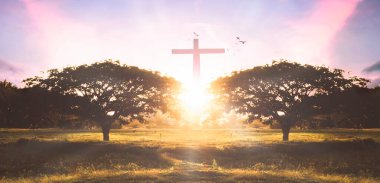 Dini kavram: Siluet haçı ve gündoğumunda uçan kuşlar