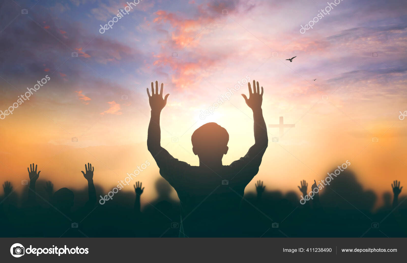 Worship Concept Christian People Raise Hand Cross Spiritual Sky Background  Stock Photo by ©paulshuang 411238490