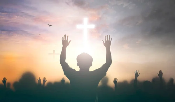 Worship Concept Christian People Raise Hand Cross Spiritual Sky Background — Stock Photo, Image