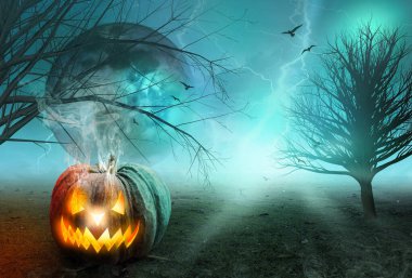 Cadılar Bayramı konsepti: Ay ve karanlık ormanlı ürkütücü balkabağı