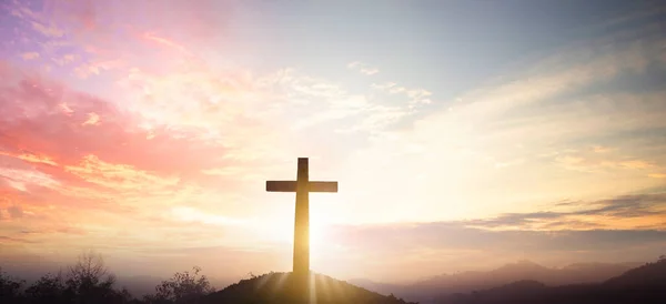 Concepto Cruz Cristiana Cruz Silueta Sobre Fondo Atardecer Montaña —  Fotos de Stock