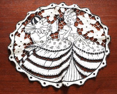 Vintage nakış ev yapımı Pierrot ve Columbine tasvir.