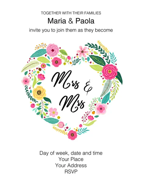 Beautiful feminine wedding floral invitation for same-sex couple — Stock Vector