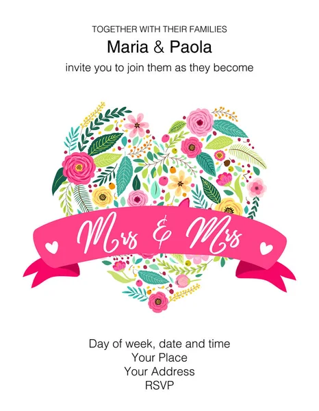 Belle invitation florale de mariage féminin pour couple de même sexe — Image vectorielle