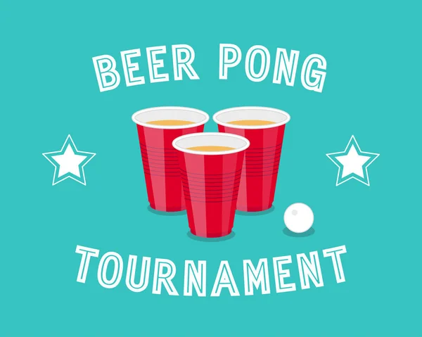 Beer Pong Tournament ulotki jako czerwone kubki i ping pong piłkę — Wektor stockowy