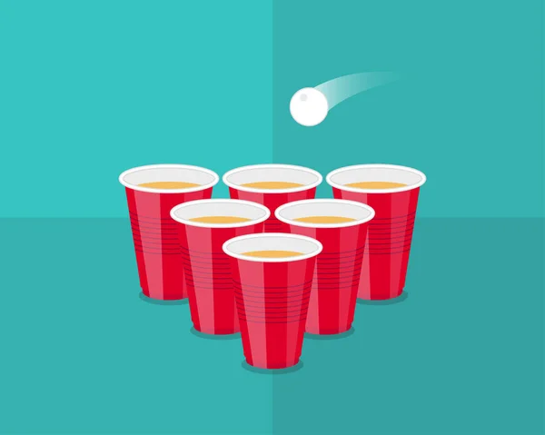 Volante del torneo de Pong de cerveza como copas rojas y pelota de ping pong — Archivo Imágenes Vectoriales