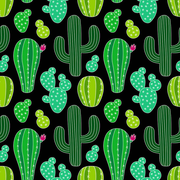 Lindo cactus dibujado a mano patrón sin costuras — Vector de stock