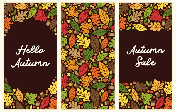 Lindo conjunto de pancartas verticales de hojas de otoño — Vector de stock