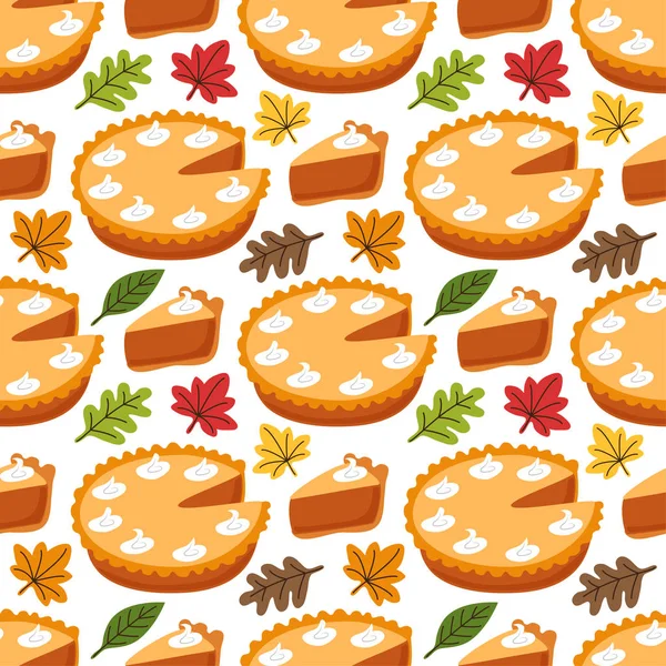 Cute Seamless Pattern with Pumpkin Pie and autumn leaves — Stock Vector