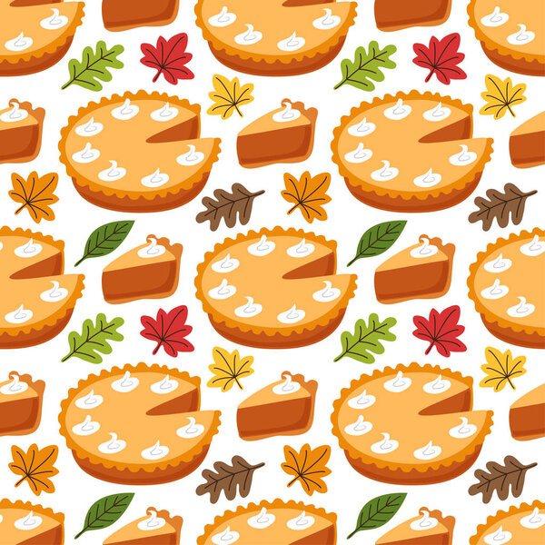 Cute Seamless Pattern with Pumpkin Pie and autumn leaves