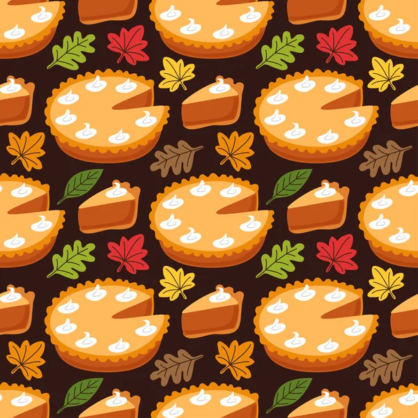 Cute Seamless Pattern with Pumpkin Pie and autumn leaves — Stock Vector