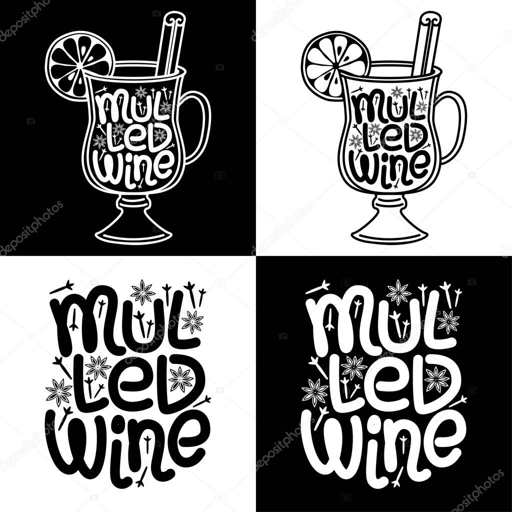 Cute set of Mulled Wine hand drawn typographic elements lettering on blackboard and white background