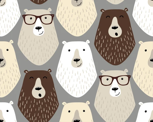 Pola lucu kekanak-kanakan dengan karakter kartun dari beruang dan kacamata mata yang berbeda - Stok Vektor