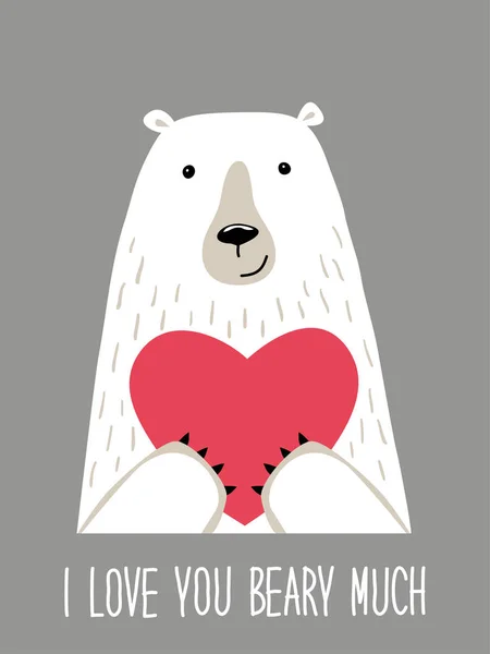Lindo retro dibujado a mano tarjeta del día de San Valentín como oso divertido con el corazón y cito Te amo mucho — Archivo Imágenes Vectoriales
