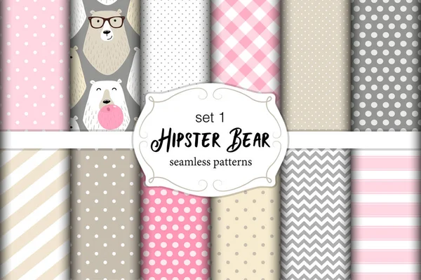 Cute set of childish seamless patterns with hipster polar bears and bubble gum — Stock Vector