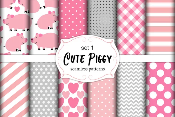 Kinderachtig set van naadloze patronen Cute Piggy — Stockvector