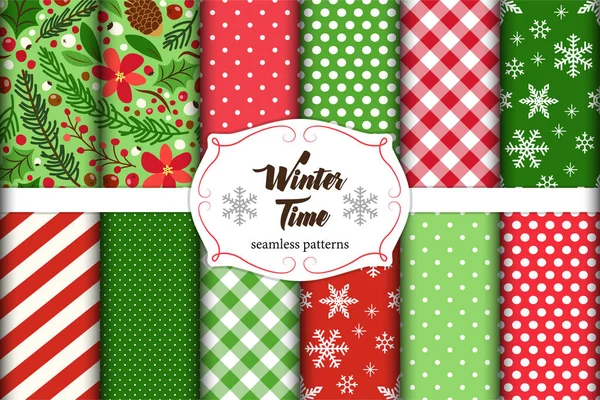 Cute set of winter holidays seamless patterns — Stock Vector