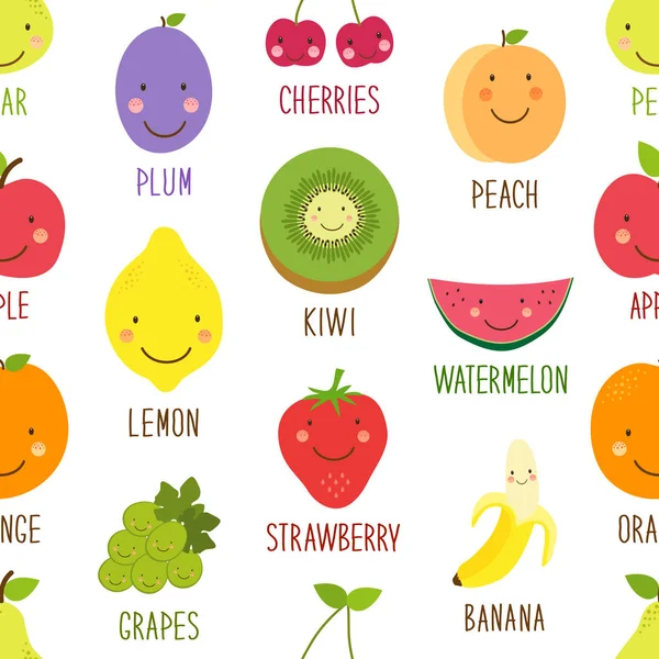 Niedliche nahtlose Muster mit Smiley-Früchten im Cartoon-Stil, lustige Figuren für Kinder, kindliches Design — Stockvektor