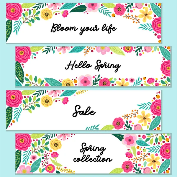 Cute set of Spring Flowers horizontal banners — Stock Vector