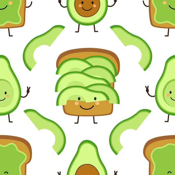 Seamless mönster med söt hand dras seriefigurer med avokado och rostat bröd — Stock vektor